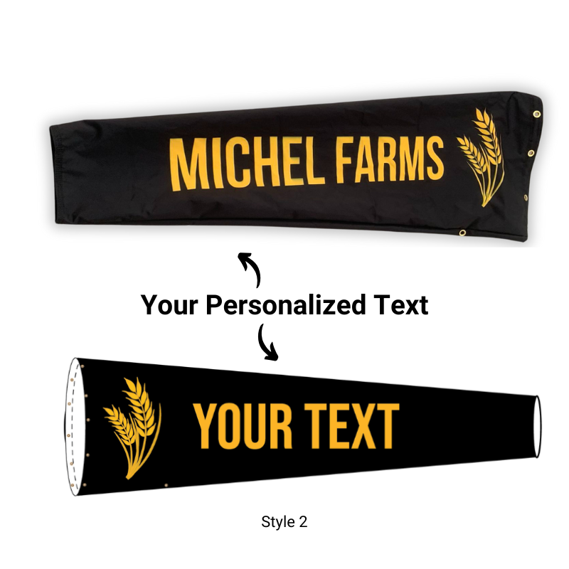 personalized agricultural windsocks for farms, ranches, acreages and more. High strength windsocks for seeding and crop spraying and other agricultural applications like pesticide and herbicide application 