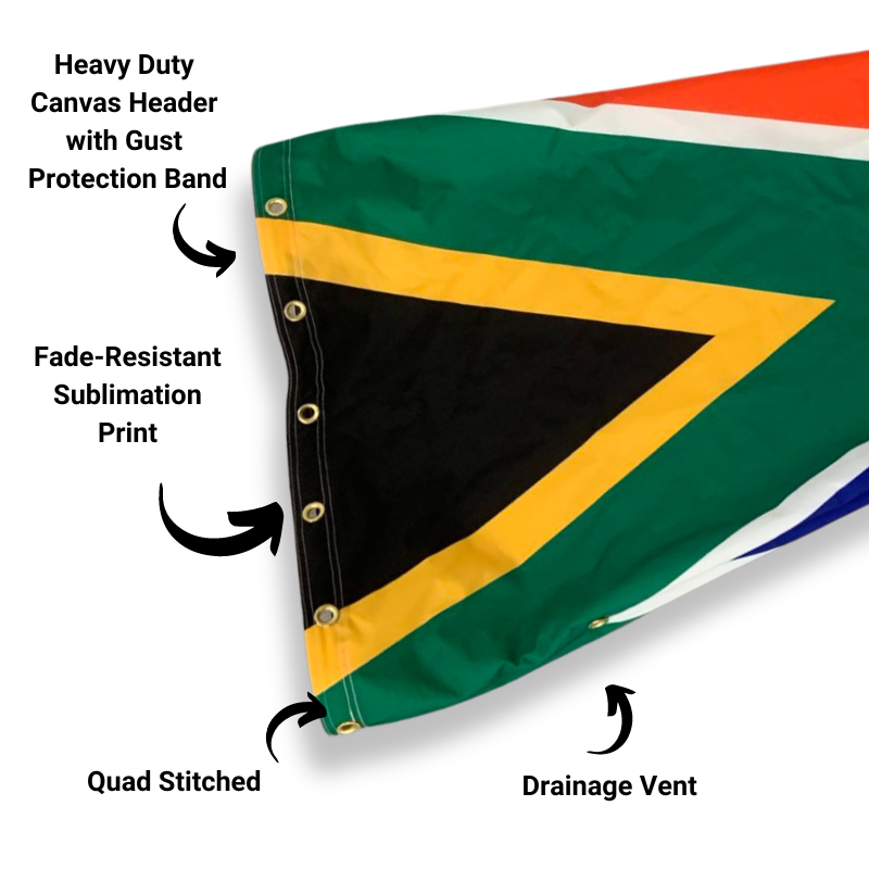 South Africa windsock flag infographic highlighting features and description of the heavy duty material