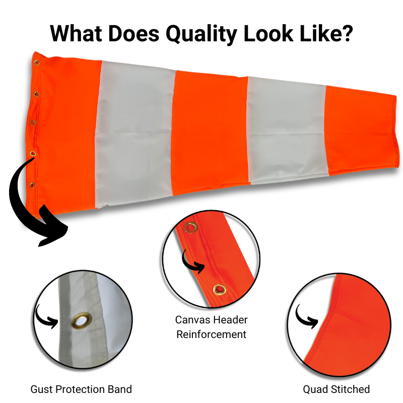 Heavy Duty quality airport windsocks orange and white infographic 