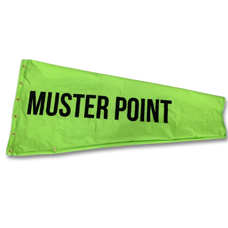 muster point windsock for industrial use. green windsock with black muster point printed onto it