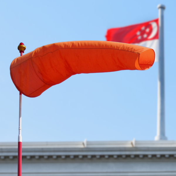 Orange windsocks for sale and Singapore flag